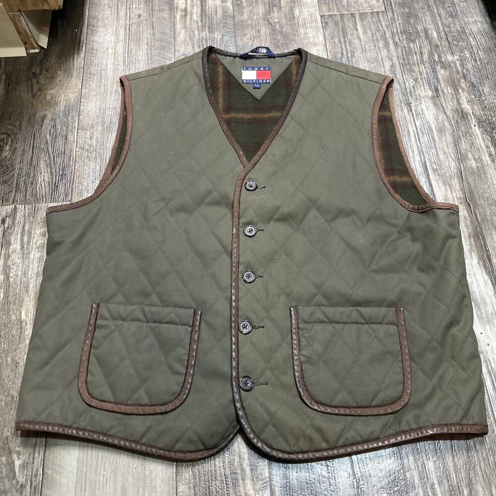 Vtg Tommy Hilfiger Vest Hunter Green Quilted Plaid Sleeveless Men's L Buttons